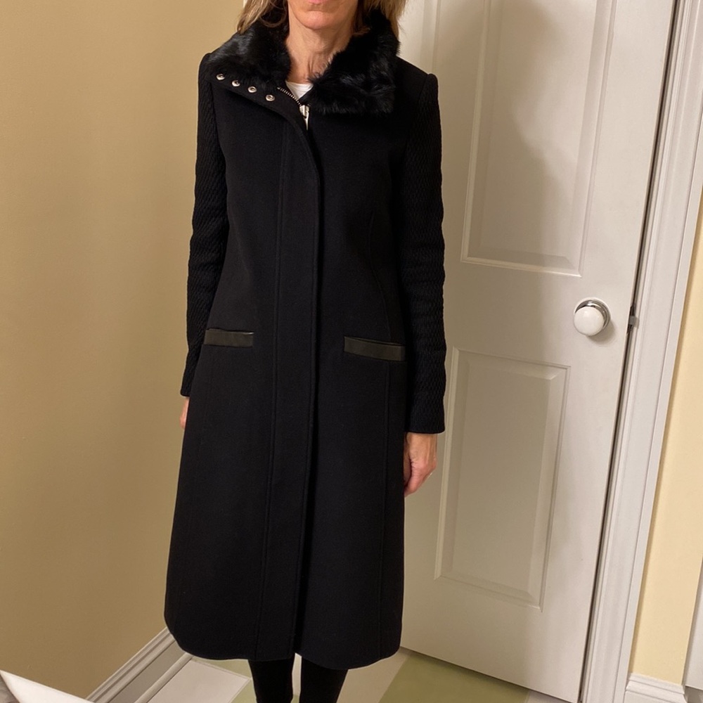 Andrew Marc black wool long coat fur trim collar 2